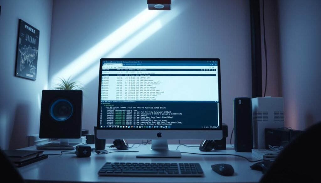 A well-lit desktop workspace with an open Wireshark application window prominently displayed. The window shows the main interface of the network protocol analyzer, with a clear view of the packet capture pane, the packet details pane, and the packet byte view pane. The workspace is neatly organized, with a modern, minimalist aesthetic. The lighting is a balanced mix of natural daylight and soft, indirect artificial illumination, creating a calm and focused atmosphere. The camera angle is slightly elevated, providing a comfortable and inviting perspective. The overall scene conveys a sense of professionalism and ease of use, setting the stage for a beginner's journey into the world of network traffic analysis. A well-lit desktop workspace with an open Wireshark application window prominently displayed. The window shows the main interface of the network protocol analyzer, with a clear view of the packet capture pane, the packet details pane, and the packet byte view pane. The workspace is neatly organized, with a modern, minimalist aesthetic. The lighting is a balanced mix of natural daylight and soft, indirect artificial illumination, creating a calm and focused atmosphere. The camera angle is slightly elevated, providing a comfortable and inviting perspective. The overall scene conveys a sense of professionalism and ease of use, setting the stage for a beginner's journey into the world of network traffic analysis.