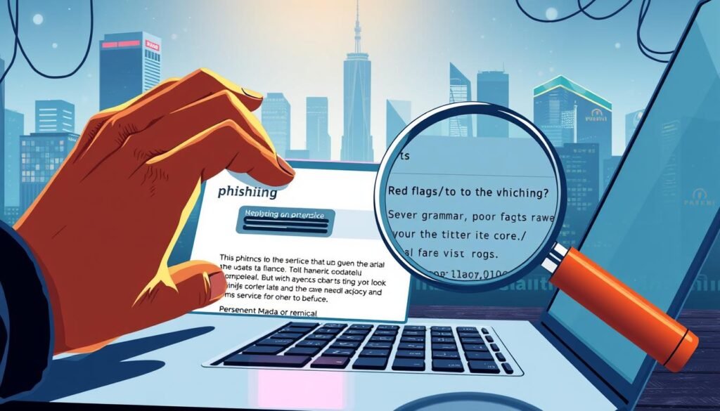 A well-lit, detailed illustration depicting common phishing prevention tips. In the foreground, a person's hand hovers over a laptop keyboard, cautiously inspecting a suspicious email. The middle ground features a magnifying glass scrutinizing a phishing message, highlighting red flags like poor grammar and sender impersonation. In the background, a cityscape with skyscrapers and internet cables conveys the digital landscape where these threats occur. The lighting is bright and crisp, emphasizing the importance of vigilance against social engineering attacks. The overall mood is one of informed caution, empowering the viewer to safeguard themselves against phishing. A well-lit, detailed illustration depicting common phishing prevention tips. In the foreground, a person's hand hovers over a laptop keyboard, cautiously inspecting a suspicious email. The middle ground features a magnifying glass scrutinizing a phishing message, highlighting red flags like poor grammar and sender impersonation. In the background, a cityscape with skyscrapers and internet cables conveys the digital landscape where these threats occur. The lighting is bright and crisp, emphasizing the importance of vigilance against social engineering attacks. The overall mood is one of informed caution, empowering the viewer to safeguard themselves against phishing.