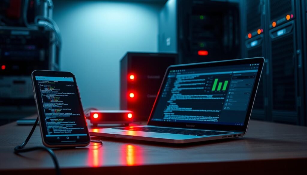 A well-lit, high-contrast scene showcasing an array of digital devices commonly associated with malware evasion techniques. In the foreground, an open smartphone displaying an Android app interface, its screen slightly tilted to reveal intricate code. Beside it, a sleek laptop with a reflective surface, its display focused on a network monitoring dashboard. In the middle ground, a compact IoT device with blinking indicator lights, hinting at its potential for obfuscation. In the background, a rack of servers, their metallic casings conveying a sense of powerful yet concealed computing capabilities. The overall composition evokes a technical, high-stakes atmosphere, inviting the viewer to consider the complex interplay between malware and the devices it targets. A well-lit, high-contrast scene showcasing an array of digital devices commonly associated with malware evasion techniques. In the foreground, an open smartphone displaying an Android app interface, its screen slightly tilted to reveal intricate code. Beside it, a sleek laptop with a reflective surface, its display focused on a network monitoring dashboard. In the middle ground, a compact IoT device with blinking indicator lights, hinting at its potential for obfuscation. In the background, a rack of servers, their metallic casings conveying a sense of powerful yet concealed computing capabilities. The overall composition evokes a technical, high-stakes atmosphere, inviting the viewer to consider the complex interplay between malware and the devices it targets.