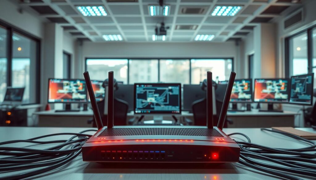 A well-lit, high-fidelity network setup in a professional office environment. In the foreground, a sleek, modern router with blinking indicator lights sits atop a desk, surrounded by neatly organized Ethernet cables. In the middle ground, multiple computers, each displaying a network connectivity diagram. The background features a clean, minimalist workspace with large windows allowing natural light to stream in, casting a warm, productive atmosphere. The scene conveys a sense of technical sophistication and attention to detail, reflecting the professional nature of the "Wireshark" article subject. A well-lit, high-fidelity network setup in a professional office environment. In the foreground, a sleek, modern router with blinking indicator lights sits atop a desk, surrounded by neatly organized Ethernet cables. In the middle ground, multiple computers, each displaying a network connectivity diagram. The background features a clean, minimalist workspace with large windows allowing natural light to stream in, casting a warm, productive atmosphere. The scene conveys a sense of technical sophistication and attention to detail, reflecting the professional nature of the "Wireshark" article subject.