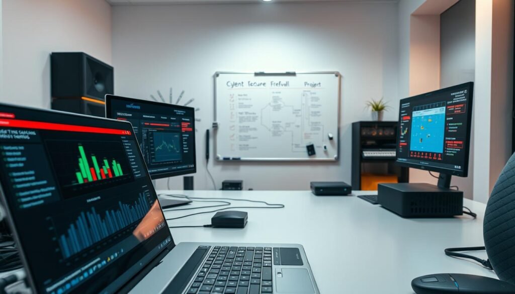 A well-lit, high-resolution image of a clean, organized workspace showcasing various cybersecurity tools and workflows. In the foreground, a laptop displays a dashboard with real-time threat analytics, while a network diagram and virtual firewall interface are visible on dual monitors. Alongside, a collection of network cables, a portable security appliance, and a sleek, modern keyboard create a sense of professionalism and functionality. In the middle ground, a whiteboard displays a neatly organized to-do list and project roadmap, hinting at the structured processes underpinning the security operations. The background features subtle, minimalist decor that maintains a focused, business-like atmosphere, with task lighting and natural illumination casting a warm, productive glow over the scene.