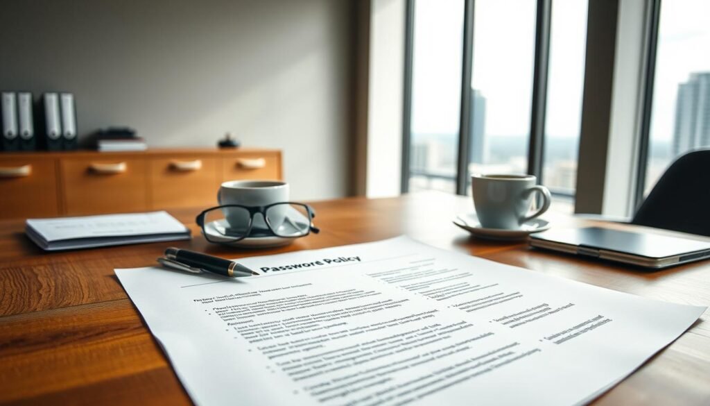 A well-lit, high-resolution image of a password policy document laid out on a wooden desk. The document has a clean, professional layout with clearly defined sections and headings. The foreground focuses on the policy details, while the middle ground shows a pen, glasses, and a cup of coffee, suggesting a thoughtful, deliberate process. The background features a minimalist, neutral-toned office environment with a window overlooking a cityscape, conveying a sense of importance and gravitas. The lighting is natural and diffused, creating a warm, authoritative atmosphere. The overall tone is one of careful consideration and ethical responsibility. A well-lit, high-resolution image of a password policy document laid out on a wooden desk. The document has a clean, professional layout with clearly defined sections and headings. The foreground focuses on the policy details, while the middle ground shows a pen, glasses, and a cup of coffee, suggesting a thoughtful, deliberate process. The background features a minimalist, neutral-toned office environment with a window overlooking a cityscape, conveying a sense of importance and gravitas. The lighting is natural and diffused, creating a warm, authoritative atmosphere. The overall tone is one of careful consideration and ethical responsibility.