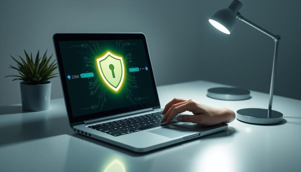 A well-lit, high-resolution image of a person's hands using a laptop, with a glowing VPN icon prominently displayed on the laptop screen. The laptop is situated on a clean, minimalist desk, with a potted plant and a sleek, modern lamp providing soft, directional lighting. The person's face is partially obscured, conveying a sense of privacy and security. The overall atmosphere is one of focus, productivity, and the importance of safeguarding one's online activities.
