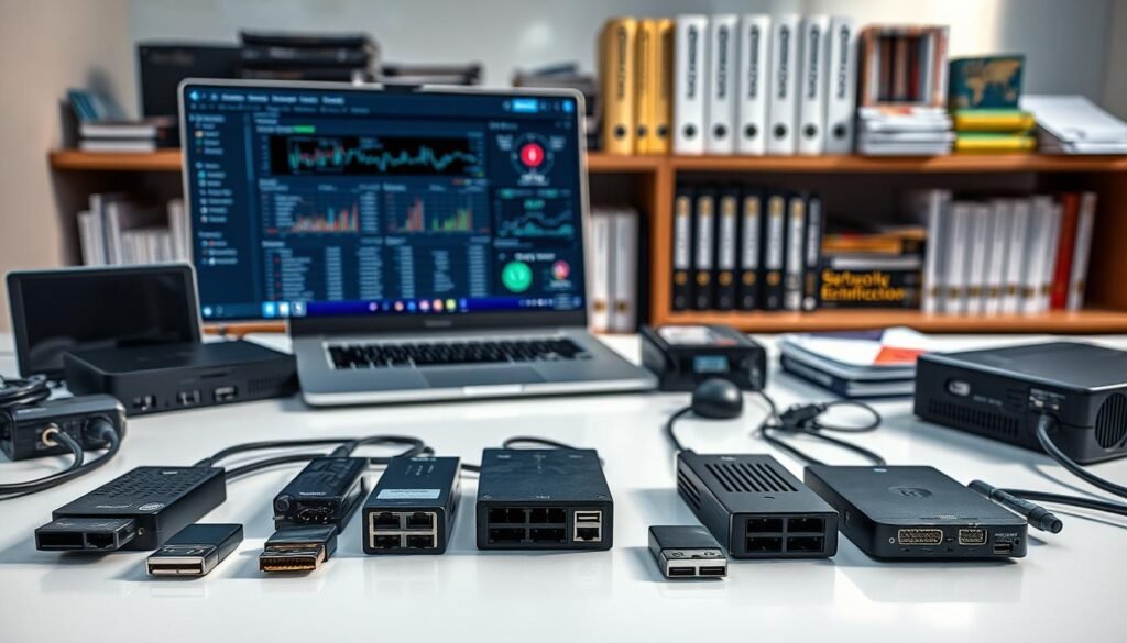 A well-lit, high-resolution image of various cybersecurity detection tools laid out on a clean, minimalist desk. In the foreground, an array of digital forensic hardware like USB hubs, hard drive adapters, and write-blockers. In the middle ground, a laptop open to a network monitoring dashboard, displaying real-time traffic data. In the background, shelves stocked with technical books, manuals, and security certification materials. The lighting is natural, casting subtle shadows and highlights to accentuate the precision engineering of the tools. The overall mood is one of professionalism, functionality, and preparedness to combat cyber threats.