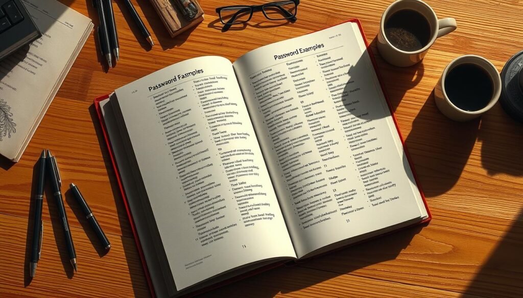 A well-lit, high-resolution photograph of a large, open book lying on a wooden table. The book's pages are filled with a diverse array of strong password examples, each one visually distinct and memorable. Surrounding the book are various everyday objects like pens, a cup of coffee, and a pair of reading glasses, creating a cozy, study-like atmosphere. The lighting is soft and warm, casting gentle shadows that accentuate the textures of the materials. The camera angle is slightly elevated, offering a clear, unobstructed view of the scene. The overall composition is balanced and visually appealing, inviting the viewer to explore the effective password-building techniques within.