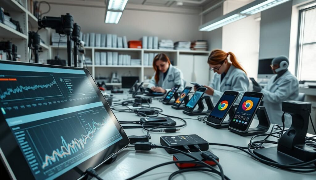 A well-lit laboratory setting, with a professional-grade workbench showcasing various mobile devices, cables, and testing equipment. In the foreground, a tablet displays a detailed analytics dashboard, with data charts and graphs reflecting the performance of different browser apps. The middle ground features a row of smartphones, each running a distinct browser, being meticulously examined by a team of technicians in lab coats. The background is a clean, minimalist space, with shelves of reference materials and technical manuals, conveying a sense of thorough, systematic research. The overall tone is one of scientific rigor, attention to detail, and a dedication to providing the most comprehensive and reliable information for the article's readers.