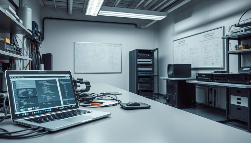 A well-lit laboratory setting, with a sturdy workbench adorned with various network devices, cables, and diagnostic tools. In the foreground, a laptop is open, displaying network configurations and schematics. The middle ground features a neatly organized rack of servers, routers, and switches, each labeled with clear identifiers. In the background, a large whiteboard showcases network diagrams and security best practices. The atmosphere is one of focused professionalism, with muted tones and clean, minimalist design elements that convey a sense of order and control. A well-lit laboratory setting, with a sturdy workbench adorned with various network devices, cables, and diagnostic tools. In the foreground, a laptop is open, displaying network configurations and schematics. The middle ground features a neatly organized rack of servers, routers, and switches, each labeled with clear identifiers. In the background, a large whiteboard showcases network diagrams and security best practices. The atmosphere is one of focused professionalism, with muted tones and clean, minimalist design elements that convey a sense of order and control.
