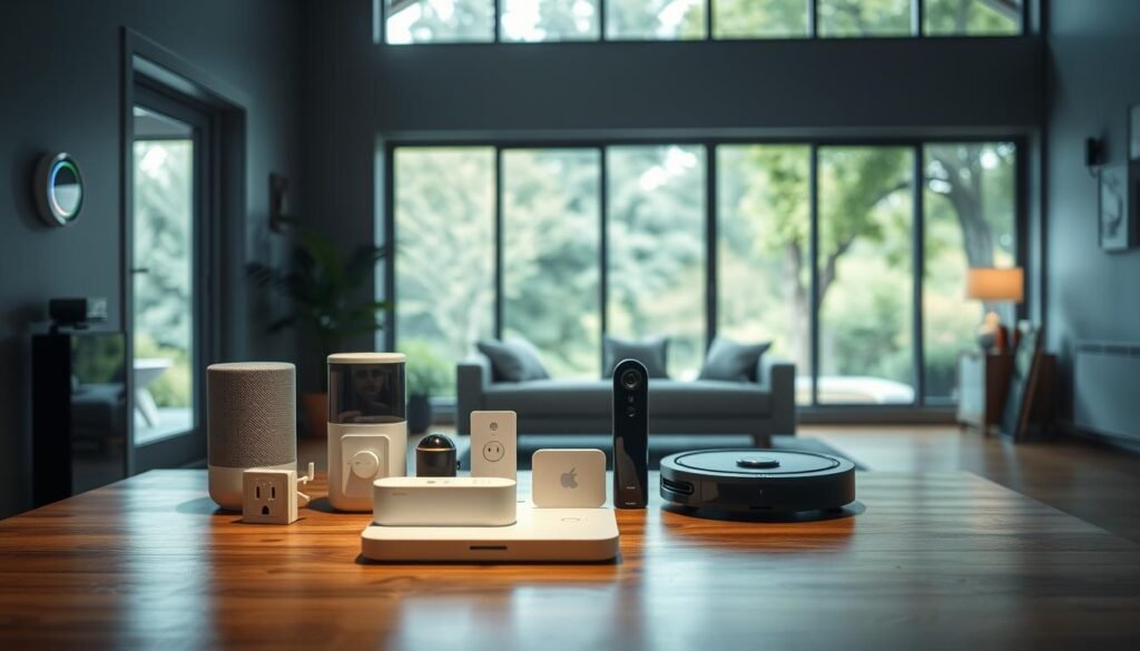 A well-lit, photorealistic scene depicting an assortment of contemporary smart devices prominently featured in a modern home environment. In the foreground, a smart speaker, smart plug, security camera, and voice-controlled lighting system are arranged neatly on a minimalist wooden table. In the middle ground, a smart thermostat and smart doorbell are installed on the walls, while a robotic vacuum cleaner navigates the hardwood floor. In the background, the scene is framed by large windows showcasing a lush, verdant outdoor landscape. The overall atmosphere conveys a sense of convenience and connectivity, but also raises questions about the potential vulnerabilities of these interconnected devices.