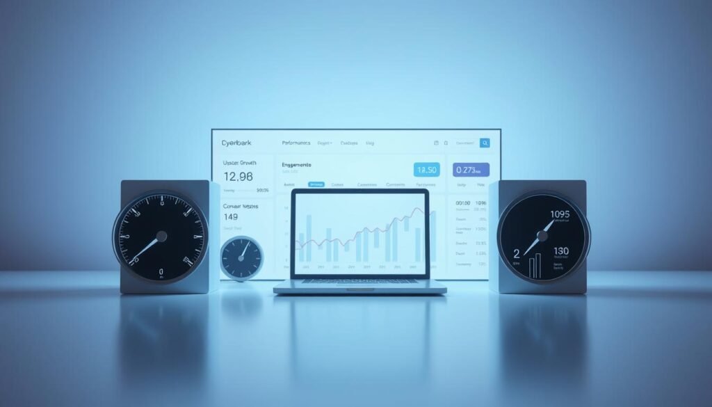 A well-lit profile dashboard with a clean, minimalist design. In the foreground, a series of performance metrics, including user growth, engagement rate, and conversion data, displayed on crisp, monochromatic gauges and charts. The middle ground features a 3D model of a laptop or mobile device, casting a soft shadow and reflecting the dashboard's information. The background is a simple, gradient-based color scheme, with hints of pastel blues and grays, creating a focused, professional atmosphere. The lighting is soft and diffused, emphasizing the clarity and precision of the data visualizations. The overall composition conveys a sense of data-driven progress and informed decision-making. A well-lit profile dashboard with a clean, minimalist design. In the foreground, a series of performance metrics, including user growth, engagement rate, and conversion data, displayed on crisp, monochromatic gauges and charts. The middle ground features a 3D model of a laptop or mobile device, casting a soft shadow and reflecting the dashboard's information. The background is a simple, gradient-based color scheme, with hints of pastel blues and grays, creating a focused, professional atmosphere. The lighting is soft and diffused, emphasizing the clarity and precision of the data visualizations. The overall composition conveys a sense of data-driven progress and informed decision-making.