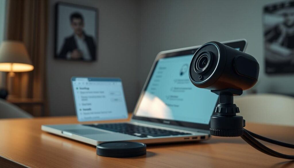 A well-lit room with a desk, a laptop, and a webcam. The webcam is prominently displayed on the desk, with its lens and settings panel in focus. The laptop screen shows an open settings menu, revealing options for controlling webcam permissions, encrypting video, and enabling two-factor authentication. Soft, diffused lighting casts a professional, authoritative atmosphere. The overall scene conveys a sense of secure, diligent cybersecurity practices.