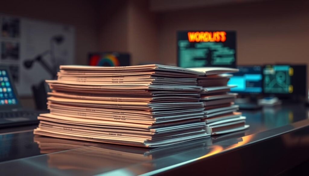 A well-organized collection of wordlists sits atop a sleek, metallic desk, illuminated by soft, warm lighting. The lists are neatly arranged, their pages crisp and inviting, conveying a sense of professionalism and reliability. The background is a blurred, minimalist workspace, allowing the wordlists to take center stage. The camera captures the scene from a slightly elevated angle, emphasizing the importance and authority of the subject matter. The overall mood is one of focused attention, with a touch of technical sophistication befitting the topic of password cracking. A well-organized collection of wordlists sits atop a sleek, metallic desk, illuminated by soft, warm lighting. The lists are neatly arranged, their pages crisp and inviting, conveying a sense of professionalism and reliability. The background is a blurred, minimalist workspace, allowing the wordlists to take center stage. The camera captures the scene from a slightly elevated angle, emphasizing the importance and authority of the subject matter. The overall mood is one of focused attention, with a touch of technical sophistication befitting the topic of password cracking.