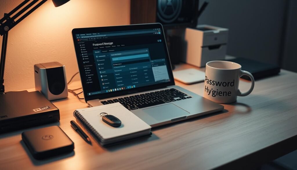 A well-organized office desk with various cybersecurity items neatly arranged, including a password manager app open on a laptop, a password notebook, a YubiKey security key, and a coffee mug with the text "Password Hygiene". The scene is brightly lit, with soft shadows adding depth and dimension. The overall mood is professional and focused, conveying the importance of proper password management and authentication practices in maintaining a secure home network. A well-organized office desk with various cybersecurity items neatly arranged, including a password manager app open on a laptop, a password notebook, a YubiKey security key, and a coffee mug with the text "Password Hygiene". The scene is brightly lit, with soft shadows adding depth and dimension. The overall mood is professional and focused, conveying the importance of proper password management and authentication practices in maintaining a secure home network.