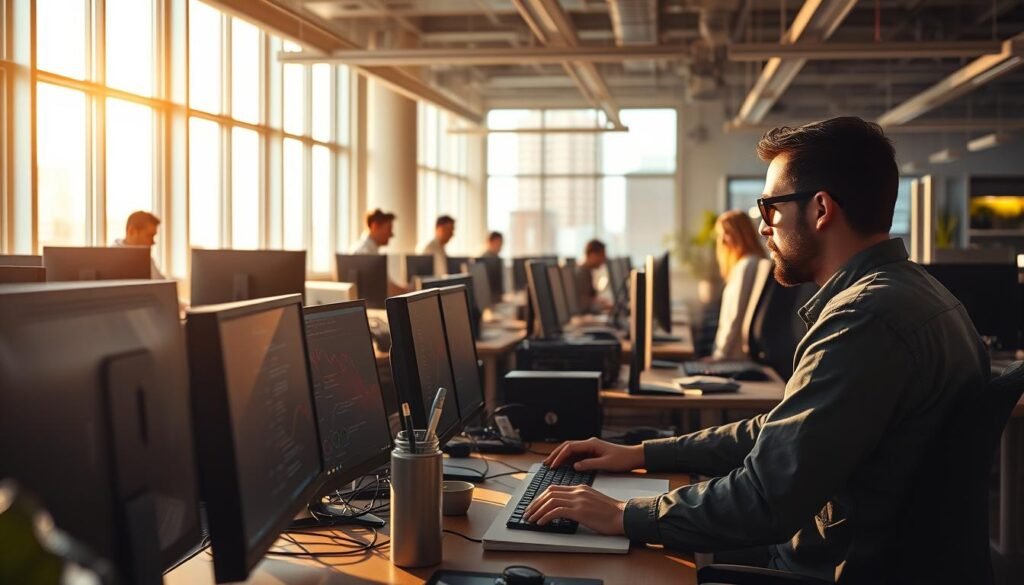 A well-organized office with desks, computers, and employees diligently updating software on their screens. The scene is illuminated by warm, natural lighting filtering through large windows, casting a serene, productive atmosphere. In the foreground, an IT professional guides a team member through the patch management process, demonstrating best practices for maintaining secure, up-to-date systems. In the middle ground, other team members collaborate, discussing the importance of timely software updates. The background depicts a vibrant, thriving business, reflecting the vital role of effective patch management in small- to medium-sized enterprises.