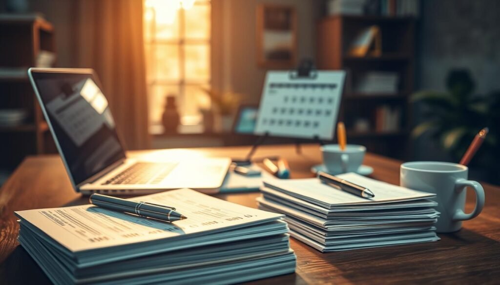 A well-organized workspace with a laptop, pen, and notebook on a wooden table. The scene is illuminated by warm, natural light streaming through a nearby window, creating a cozy and focused atmosphere. In the foreground, a stack of professional certification manuals and course materials are neatly arranged, hinting at the systematic approach to earning CPE credits. The middle ground features a calendar, highlighters, and a cup of coffee, symbolizing the planning and dedication required to build a "no-scramble CPE plan." The background blurs softly, drawing the eye to the central focus of the image - the tools and resources for earning continuous professional education credits.