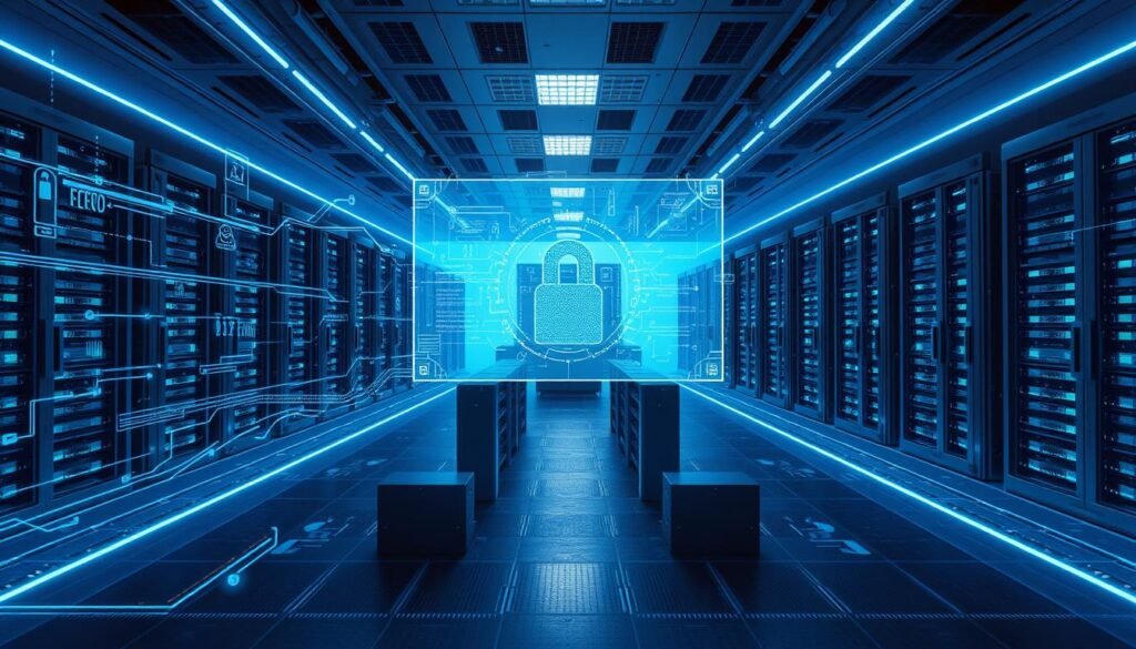 A wide expanse of a secure data center, with rows of gleaming server racks and a central command console. Soft blue lighting illuminates the scene, creating an atmosphere of precision and control. In the foreground, a holographic interface displays intricate access permissions and authorization scopes, represented by flowing data streams and abstract security symbols. The middle ground showcases a series of biometric scanners and RFID checkpoints, ensuring tight, fine-grained control over individual user access. The background fades into a subtle haze, suggesting the vast network of interconnected systems and layers of security that underpin the entire infrastructure. An air of technological sophistication and unwavering protection permeates the scene.