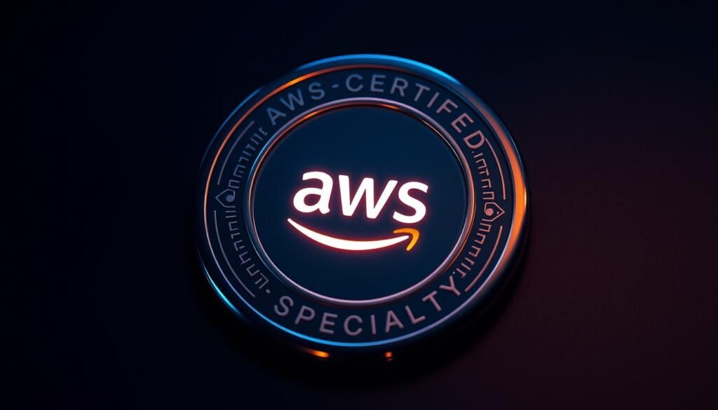 An AWS Certified Security - Specialty certification is represented by a sleek, metallic badge with a minimalist design. In the center, the AWS logo shines brightly against a deep blue background, symbolizing the expertise and authority of the credential. Surrounding the logo are concentric circles, etched with intricate patterns reminiscent of circuit boards, alluding to the technical proficiency required. The badge is rendered with a high-gloss finish, creating a sense of prestige and professionalism. Warm, directional lighting casts subtle shadows, adding depth and dimensionality to the image. The overall composition conveys a sense of confidence, credibility, and the mastery of cloud security best practices.