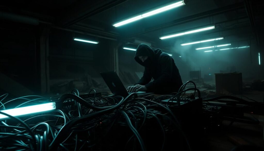 An abandoned industrial setting, dimly lit by harsh fluorescent tubes casting long, ominous shadows. In the foreground, a complex matrix of wires and circuit boards, like the guts of a machine laid bare, hinting at the hidden mechanisms of exploitation. In the middle ground, a shadowy figure, features obscured, hunched over a laptop, fingers dancing across the keyboard - the hacker at work. The background shrouded in a hazy, oppressive atmosphere, conveying a sense of unease and the weight of uncovering vulnerabilities. Angles and perspectives distorted, creating an unsettling, claustrophobic feel, as if the viewer is being drawn into this world of digital subterfuge.