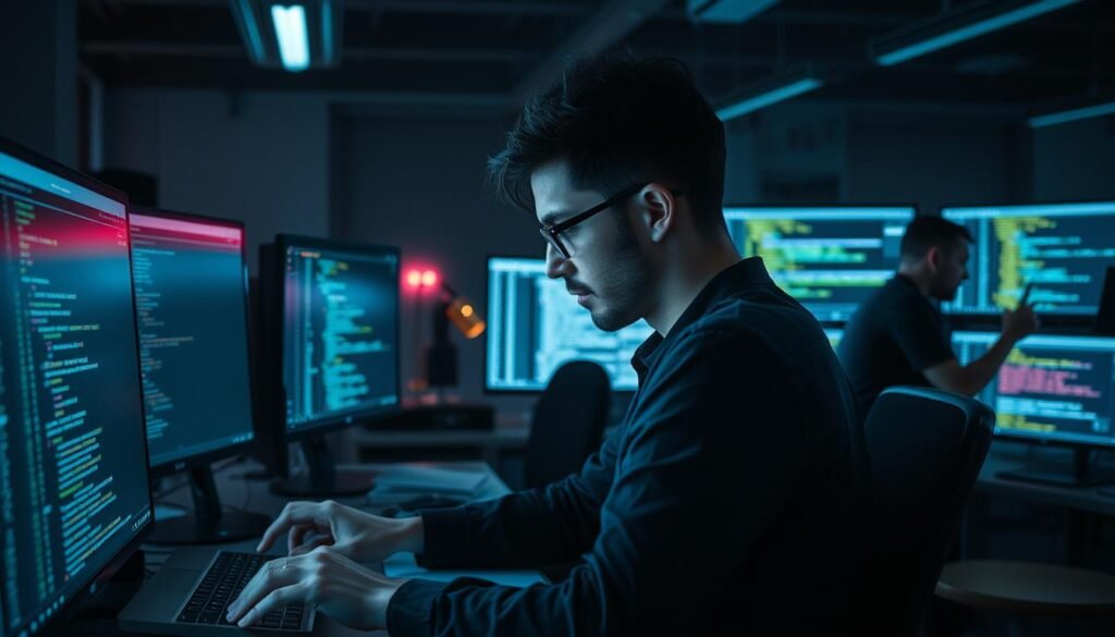 An advanced IDOR (Insecure Direct Object Reference) scenario, set in a modern software development office. In the foreground, a developer intently examines a web application's codebase, searching for potential IDOR vulnerabilities. The middle ground features a tester conducting manual testing, exploring unusual URL paths and session IDs to uncover hidden access points. In the background, a security analyst monitors network traffic, identifying suspicious API calls that could lead to sensitive data exposure. The scene is bathed in the cool, focused glow of computer screens, creating a tense, investigative atmosphere. Dramatic shadows and highlights emphasize the technical complexity and high-stakes nature of these advanced IDOR scenarios that developers and testers must vigilantly address. An advanced IDOR (Insecure Direct Object Reference) scenario, set in a modern software development office. In the foreground, a developer intently examines a web application's codebase, searching for potential IDOR vulnerabilities. The middle ground features a tester conducting manual testing, exploring unusual URL paths and session IDs to uncover hidden access points. In the background, a security analyst monitors network traffic, identifying suspicious API calls that could lead to sensitive data exposure. The scene is bathed in the cool, focused glow of computer screens, creating a tense, investigative atmosphere. Dramatic shadows and highlights emphasize the technical complexity and high-stakes nature of these advanced IDOR scenarios that developers and testers must vigilantly address.