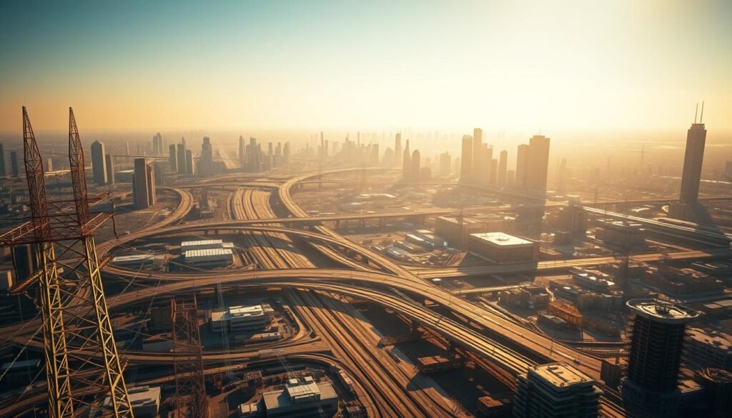 An aerial view of a bustling city's critical infrastructure, illuminated by warm, golden sunlight. In the foreground, a sprawling power grid with towering electricity pylons and a network of transmission lines. In the middle ground, a web of roads, bridges, and overpasses connecting various commercial and industrial hubs. In the background, a mix of skyscrapers, factories, and warehouses, their facades gleaming under the sun. The scene conveys a sense of interconnectedness, highlighting the vital systems that keep the city running. The image should have a cinematic, almost documentary-like quality, capturing the scale and complexity of the urban landscape.