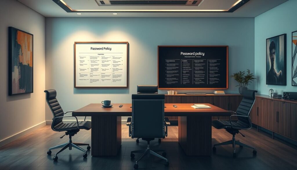 An elegant office interior, with a large wooden desk and sleek modern chairs. On the desk, a laptop and various office supplies are neatly arranged. The walls are adorned with abstract artwork, creating a professional yet visually stimulating atmosphere. Soft, directional lighting casts a warm glow, illuminating a framed diagram on the wall, outlining a detailed password policy. The room exudes an air of productivity and security-conscious design, with the password policy serving as a subtle yet crucial element in the overall composition. An elegant office interior, with a large wooden desk and sleek modern chairs. On the desk, a laptop and various office supplies are neatly arranged. The walls are adorned with abstract artwork, creating a professional yet visually stimulating atmosphere. Soft, directional lighting casts a warm glow, illuminating a framed diagram on the wall, outlining a detailed password policy. The room exudes an air of productivity and security-conscious design, with the password policy serving as a subtle yet crucial element in the overall composition.
