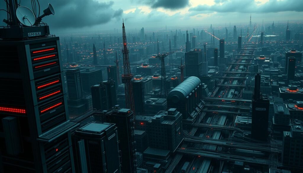 An expansive, multi-layered cityscape depicting the diverse infrastructure of a centralized, cloud-hosted command and control (C2) architecture. In the foreground, a towering data center complex with sleek, angular servers and satellite dishes. In the middle ground, a network of interconnected communication towers, their red warning lights pulsing in the dimly-lit sky. The background features a sprawling metropolis, its streets lined with a web of cables, pipes, and transportation hubs - a complex, interwoven system powering the C2 server's reach. Dramatic chiaroscuro lighting casts long shadows, creating an ominous, foreboding atmosphere. The overall composition conveys the scale, power, and intricate, centralized nature of the C2 infrastructure.