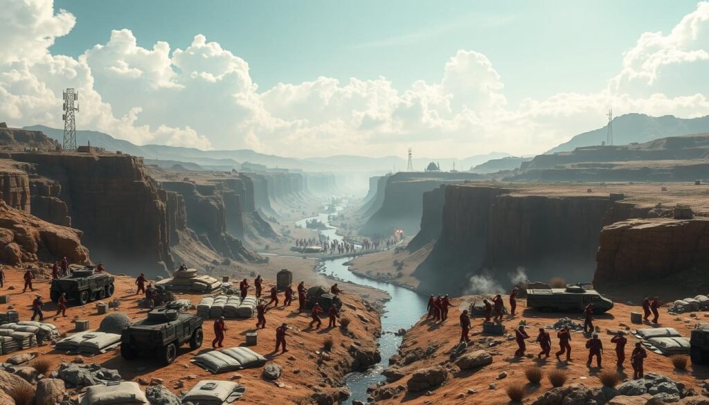An expansive, sun-drenched canyon with rugged cliffs and a winding stream cutting through the center. The foreground is littered with military equipment - armored vehicles, sandbags, and communications towers. In the middle ground, two opposing teams of soldiers in vibrant red and blue uniforms engage in a heated firefight, taking cover behind barricades and rocks. The background is dominated by a vast, open sky with dramatic cloud formations, casting dynamic shadows across the landscape. The scene evokes a sense of strategic conflict, with the tactical layout of the environment playing a crucial role in the unfolding battle.
