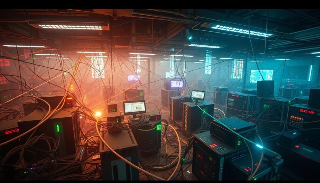 An intricate network of data flows, pulsing with the rhythm of modern connectivity. In the foreground, a tapestry of colorful packets, each carrying a unique message, weaving through a labyrinth of routers and switches. In the middle ground, clusters of network nodes, their blinking lights and whirring fans a symphony of digital life. The background painted with an ethereal glow, hinting at the unseen forces that power this digital ecosystem. Captured with a wide-angle lens, the scene evokes a sense of scale and complexity, showcasing the vital importance of Wireshark in navigating the ever-evolving landscape of network and security operations. An intricate network of data flows, pulsing with the rhythm of modern connectivity. In the foreground, a tapestry of colorful packets, each carrying a unique message, weaving through a labyrinth of routers and switches. In the middle ground, clusters of network nodes, their blinking lights and whirring fans a symphony of digital life. The background painted with an ethereal glow, hinting at the unseen forces that power this digital ecosystem. Captured with a wide-angle lens, the scene evokes a sense of scale and complexity, showcasing the vital importance of Wireshark in navigating the ever-evolving landscape of network and security operations.