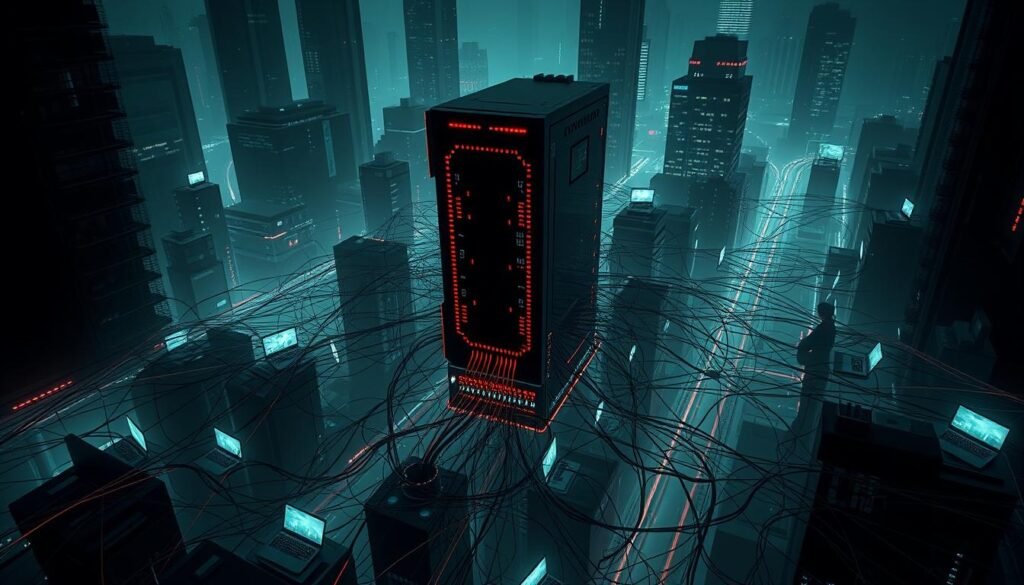 An intricate network of interconnected nodes, a botnet architecture stands as a testament to the malicious ingenuity of cybercriminals. In the foreground, a command-and-control server looms, its ominous presence radiating a sense of control and power. Surrounding it, a web of infected devices - laptops, desktops, and IoT gadgets - form the backbone of this nefarious system, their subtle glow hinting at the unseen data streams that bind them together. In the background, a dark, ominous cityscape serves as a backdrop, its towering skyscrapers and shadowy alleyways lending an air of mystery and foreboding. Subtle lighting casts dramatic shadows, emphasizing the sinister nature of this architectural design, while a wide-angle lens captures the scope and complexity of the botnet's reach.