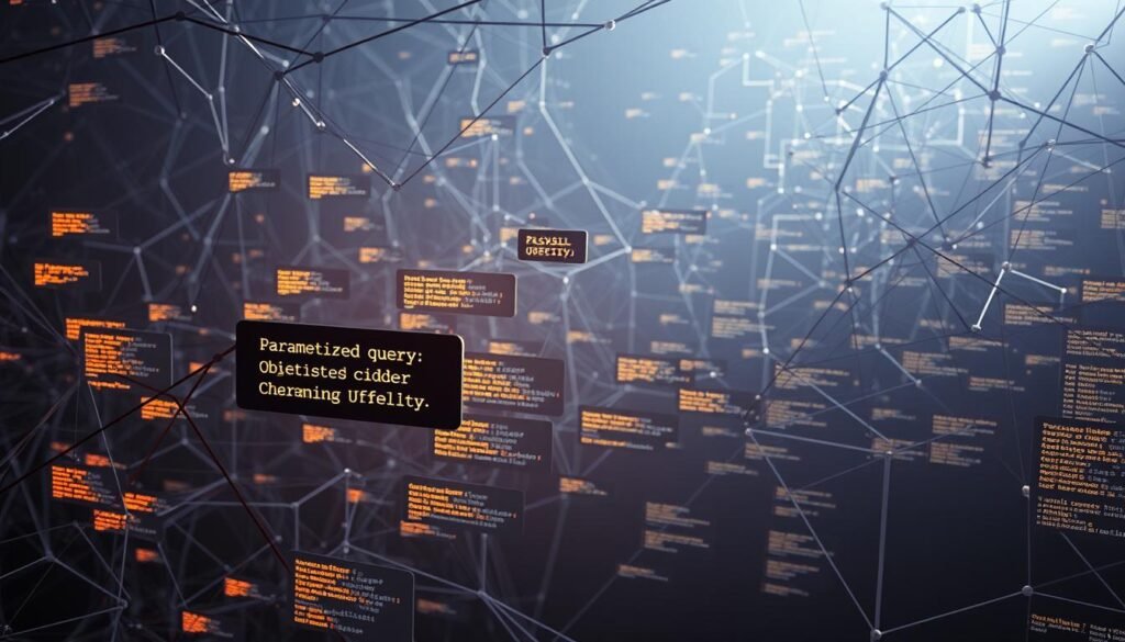An intricate web of connected database queries, illuminated by a soft, diffuse light that casts subtle shadows across the code-like structures. Parameterized query objects float in the foreground, their dynamic properties and placeholders clearly defined. In the middle ground, a series of nested conditional statements and control flow logic intermingle, while in the background, a complex schema of interconnected tables and relationships takes shape, hinting at the underlying data architecture. The overall atmosphere is one of precision, functionality, and the delicate balance required to mitigate the risks of SQL injection attacks. An intricate web of connected database queries, illuminated by a soft, diffuse light that casts subtle shadows across the code-like structures. Parameterized query objects float in the foreground, their dynamic properties and placeholders clearly defined. In the middle ground, a series of nested conditional statements and control flow logic intermingle, while in the background, a complex schema of interconnected tables and relationships takes shape, hinting at the underlying data architecture. The overall atmosphere is one of precision, functionality, and the delicate balance required to mitigate the risks of SQL injection attacks.