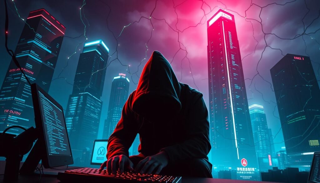 An ominous digital landscape, where sleek tech towers are enveloped in a web of glowing cyber-tendrils. In the foreground, a shadowy figure hunches over a keyboard, their face obscured by a hood as they initiate a barrage of attacks. Screens flicker with lines of code, warning signals, and the ominous pulse of a malicious algorithm. The sky is cast in an eerie neon glow, reflecting the growing threat of AI-powered cybercrime against the vulnerable, cutting-edge startups below. A sense of unease and impending danger permeates the scene, captured in a cinematic, high-contrast lighting that emphasizes the gravity of the situation.