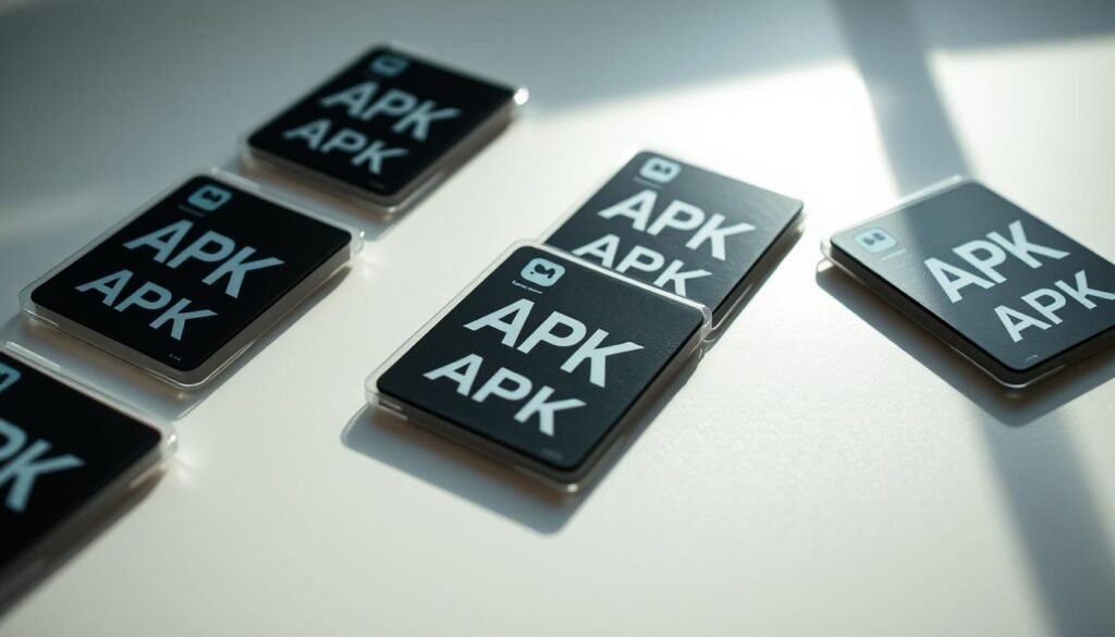 Detailed close-up of multiple Android APK files arranged on a minimalistic workspace. Soft natural lighting illuminates the files, with crisp shadows casting a sense of depth. The APK icons are displayed prominently, conveying the technical nature of the subject. The background is a clean, neutral surface, allowing the APK files to be the focal point. The overall atmosphere is one of clarity and focus, highlighting the importance of understanding these software packages before installation.