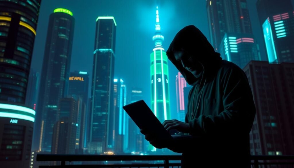 Dystopian cityscape at night, neon-lit skyscrapers towering in the background, a lone hacker figure standing in the foreground, typing furiously on a glowing laptop. Eerie green and blue lighting casts a sinister glow, as if to suggest the infiltration of a high-security system. The hacker's face is obscured, their identity hidden, conveying the clandestine nature of their activities. A sense of urgency and danger pervades the scene, reflecting the threat of the Lapsus$ group's sophisticated cyber attacks in 2025.