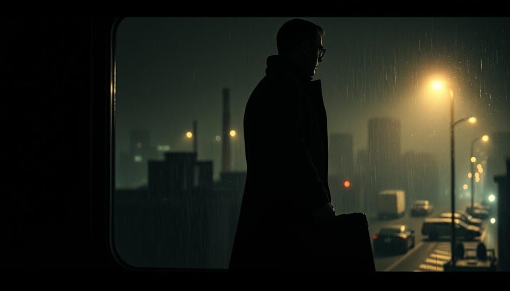 Elegant but shadowy figure in a long dark coat, clutching a briefcase and gazing intently out of a rain-streaked window, bathed in the soft glow of a distant streetlamp. Dimly lit, high-contrast industrial cityscape stretches out behind, hinting at a web of covert operations and clandestine dealings. Subtle, muted colors, a sense of quiet intensity and watchful vigilance. Wide, deep depth of field, cinematic framing, tightly-cropped to focus on the central character. Moody, atmospheric, and evocative of the quiet, persistent power of state-sponsored espionage.