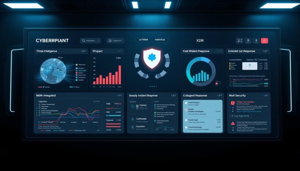 Prompt A sleek and intuitive cybersecurity dashboard showcasing the power of MDR (Managed Detection and Response) and XDR (Extended Detection and Response) tools, seamlessly integrated with a robust email security system. The display features dynamic visualizations of threat intelligence, real-time alerts, and collaborative incident response workflows. Elegant lines, muted tones, and a minimalist design create a sophisticated and authoritative atmosphere, reflecting the expertise and capability of these cutting-edge security solutions.