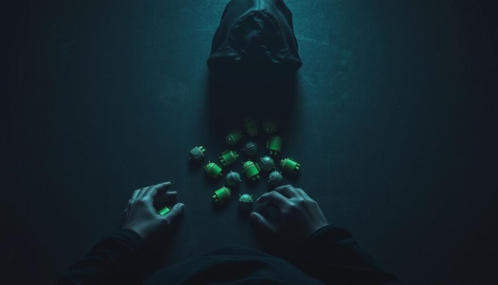 Trojanized Android APKs lying on a dark, gritty background. In the foreground, a shadowy, hooded figure examines the infected apps, their ominous presence hinting at the malicious code within. The middle ground features a cluster of Android smartphone icons, each one representing a potential victim. Dimly lit from above, the scene conveys a sense of looming danger and the pervasive threat of these malicious mobile applications targeting unsuspecting users. The lighting is moody, with dramatic shadows and a muted color palette evoking a sense of unease and the gravity of the situation.