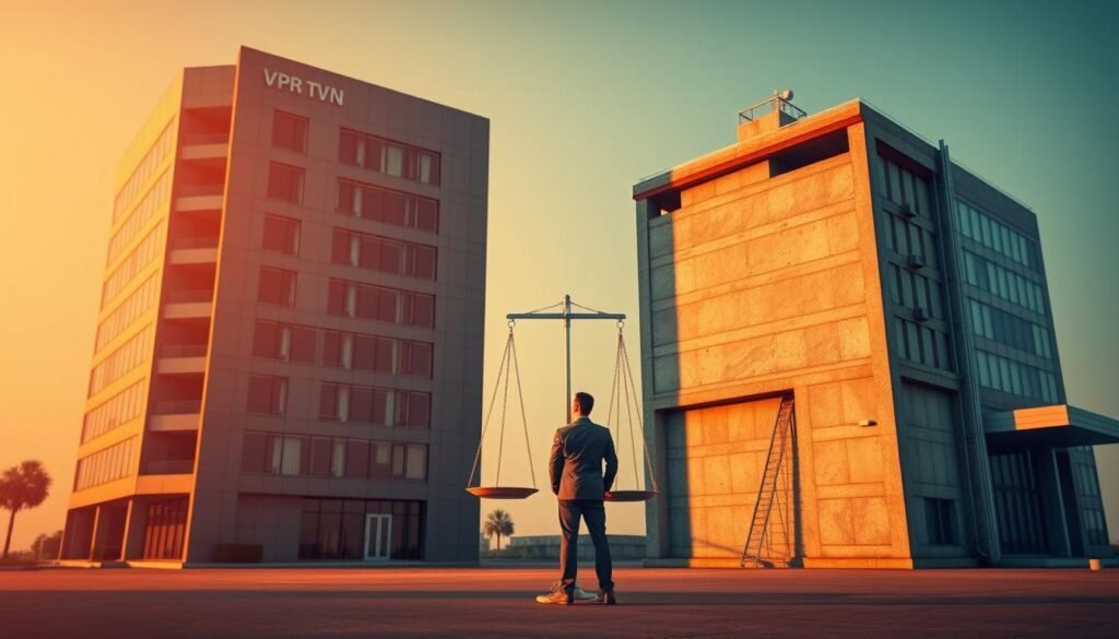 Two corporate office buildings side by side, one larger and more corporate-looking representing a VPN service provider, the other smaller and more modern representing a self-hosted VPN. The larger building has a grey facade with sleek glass windows, while the smaller one has a more minimalist design with exposed concrete and steel. In the foreground, a businessperson stands, contemplating which option to choose, the decision represented by a balance scale hovering between the two buildings. The scene is illuminated by warm, directional lighting, creating dramatic shadows that convey the gravity of the choice. The overall atmosphere is one of thoughtful consideration, with the viewer encouraged to ponder the tradeoffs between the two VPN models.